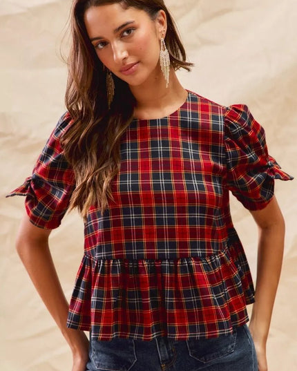 SO ME Christmas Holiday Plaid Ribbon Short Sleeves Top - Sleekdenim.com