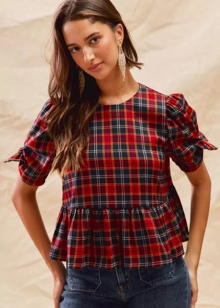 SO ME Christmas Holiday Plaid Ribbon Short Sleeves Top - Sleekdenim.com