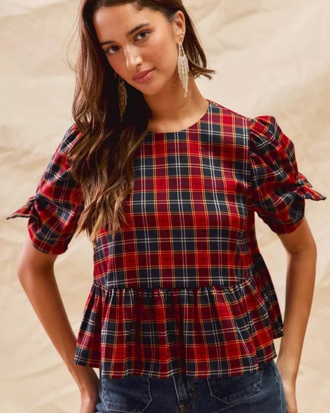 SO ME Christmas Holiday Plaid Ribbon Short Sleeves Top - Sleekdenim.com