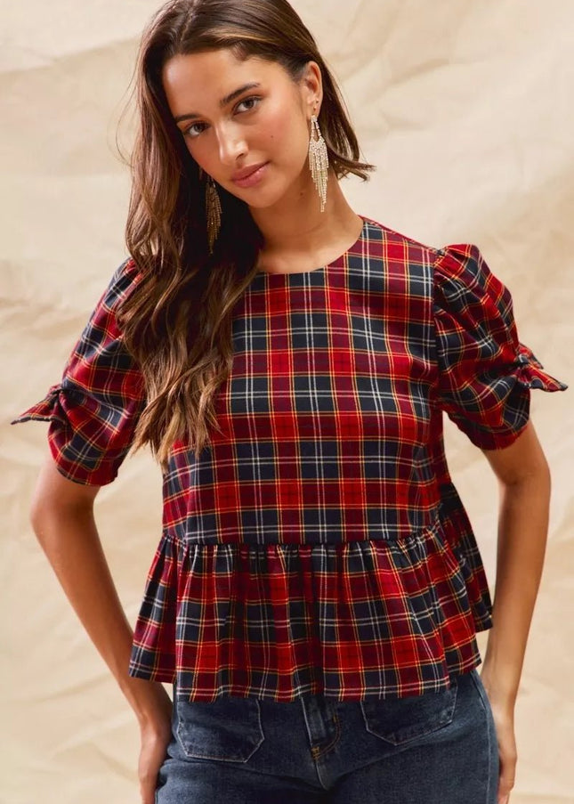 SO ME Christmas Holiday Plaid Ribbon Short Sleeves Top - Sleekdenim.com