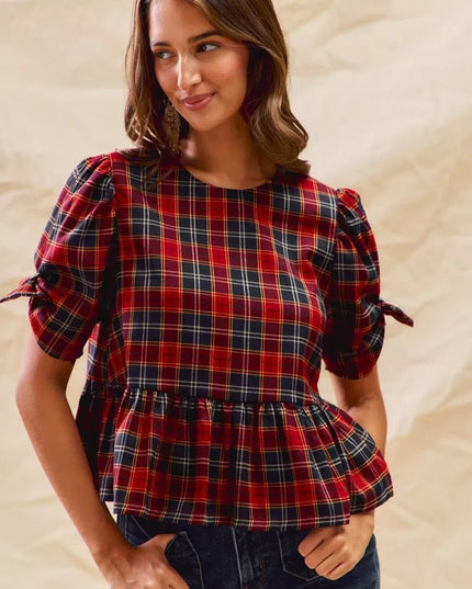 SO ME Christmas Holiday Plaid Ribbon Short Sleeves Top - Sleekdenim.com