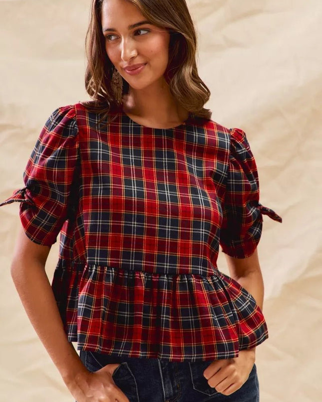 SO ME Christmas Holiday Plaid Ribbon Short Sleeves Top - Sleekdenim.com