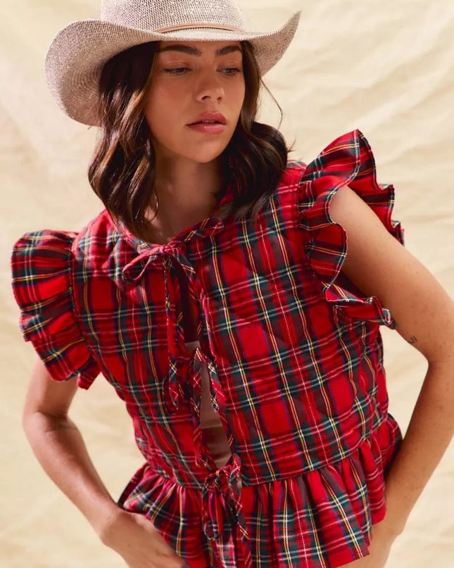 SO ME Christmas Holiday Plaid Ruffled Quilt Vest Top - Sleekdenim.com