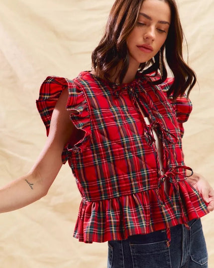 SO ME Christmas Holiday Plaid Ruffled Quilt Vest Top - Sleekdenim.com