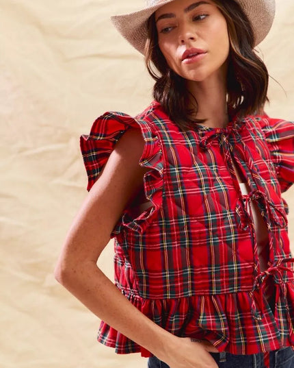 SO ME Christmas Holiday Plaid Ruffled Quilt Vest Top - Sleekdenim.com
