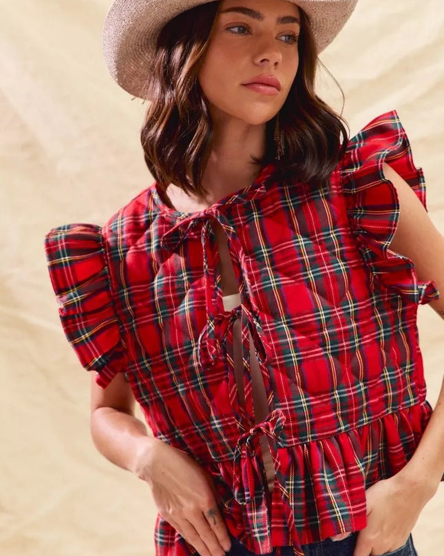 SO ME Christmas Holiday Plaid Ruffled Quilt Vest Top - Sleekdenim.com