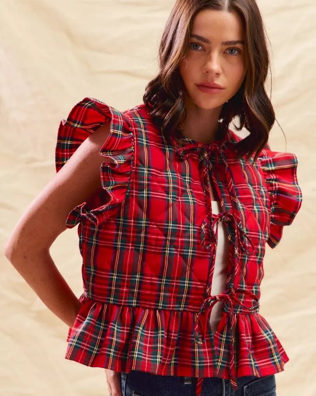 SO ME Christmas Holiday Plaid Ruffled Quilt Vest Top - Sleekdenim.com