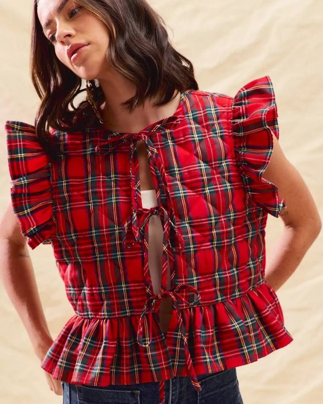 SO ME Christmas Holiday Plaid Ruffled Quilt Vest Top - Sleekdenim.com