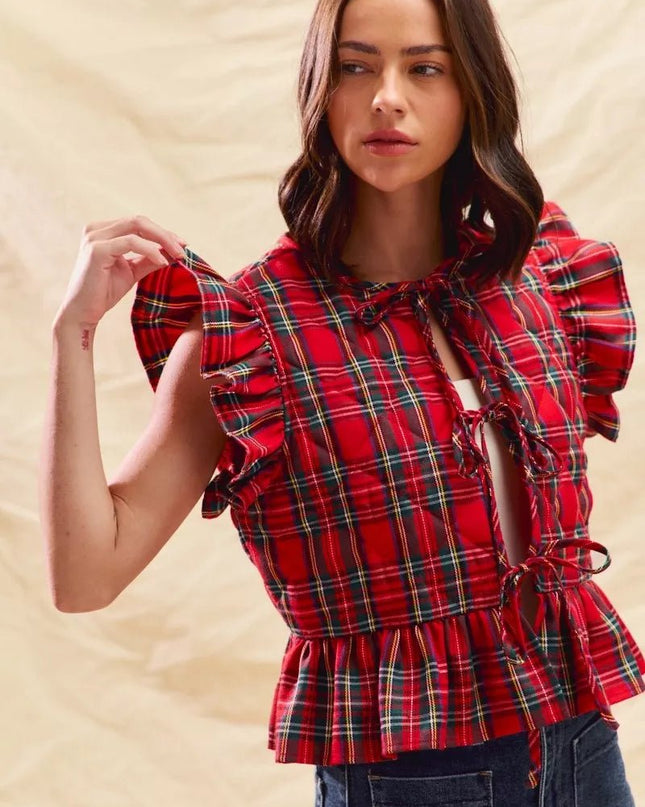 SO ME Christmas Holiday Plaid Ruffled Quilt Vest Top - Sleekdenim.com