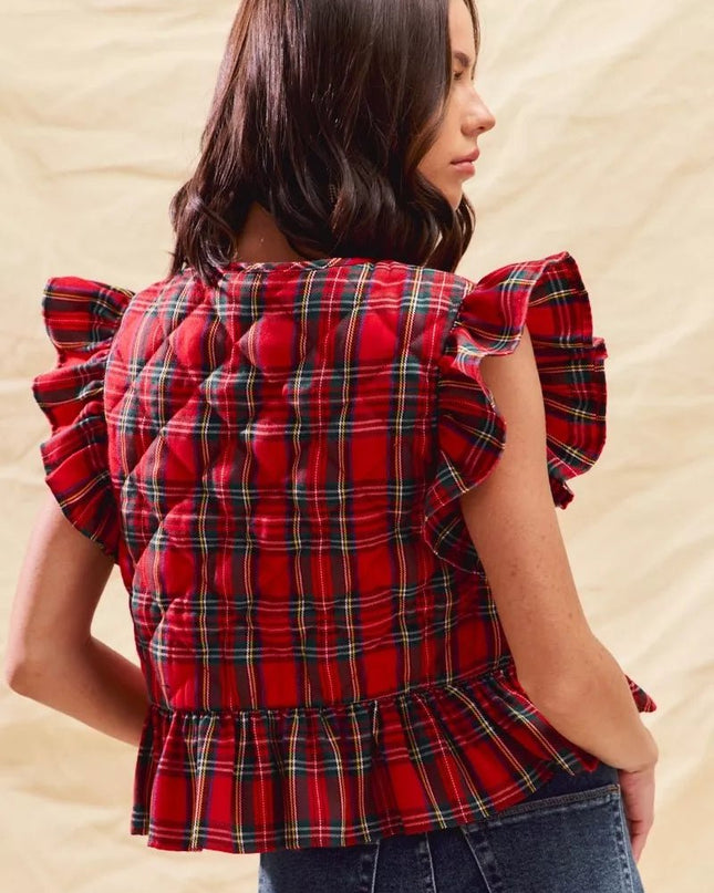 SO ME Christmas Holiday Plaid Ruffled Quilt Vest Top - Sleekdenim.com