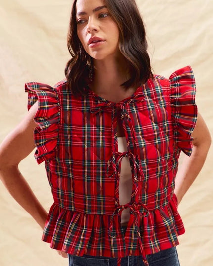 SO ME Christmas Holiday Plaid Ruffled Quilt Vest Top - Sleekdenim.com