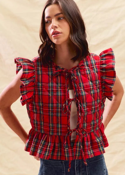SO ME Christmas Holiday Plaid Ruffled Quilt Vest Top - Sleekdenim.com