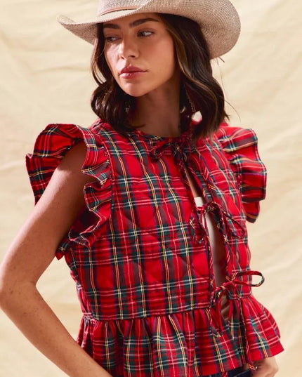 SO ME Christmas Holiday Plaid Ruffled Quilt Vest Top - Sleekdenim.com
