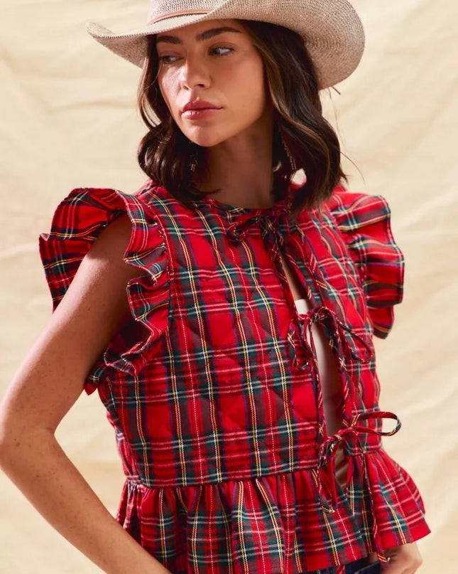 SO ME Christmas Holiday Plaid Ruffled Quilt Vest Top - Sleekdenim.com
