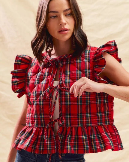 SO ME Christmas Holiday Plaid Ruffled Quilt Vest Top - Sleekdenim.com