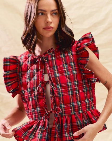 SO ME Christmas Holiday Plaid Ruffled Quilt Vest Top - Sleekdenim.com