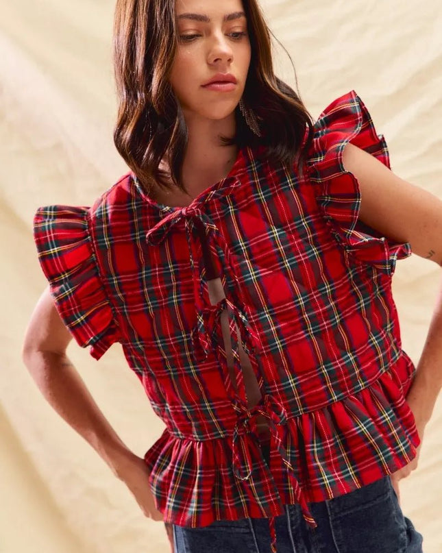 SO ME Christmas Holiday Plaid Ruffled Quilt Vest Top - Sleekdenim.com