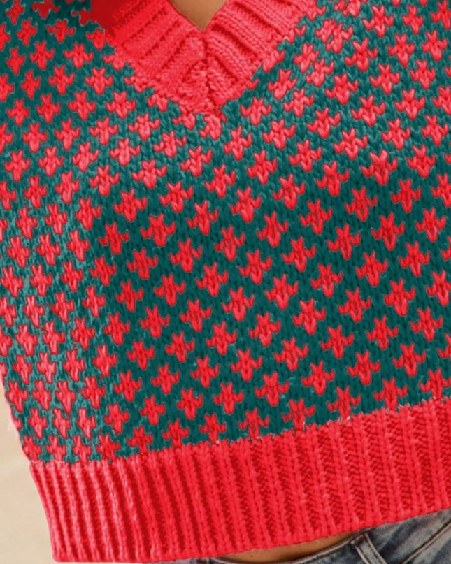 SO ME Color Block Textured Christmas Sweater V Neck Top - Sleekdenim.com