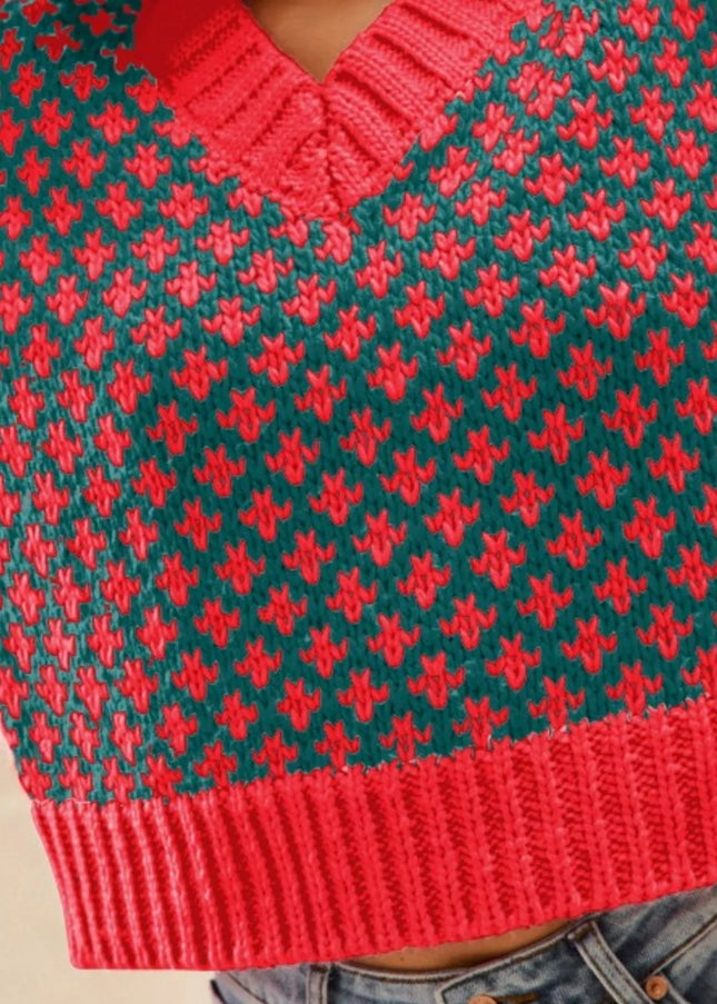 SO ME Color Block Textured Christmas Sweater V Neck Top - Sleekdenim.com