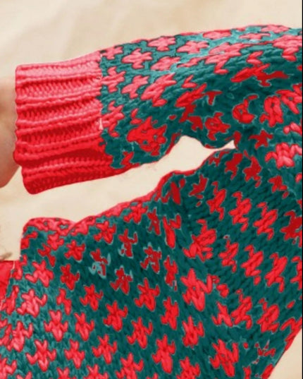 SO ME Color Block Textured Christmas Sweater V Neck Top - Sleekdenim.com