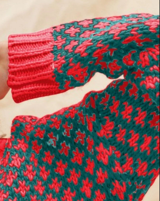 SO ME Color Block Textured Christmas Sweater V Neck Top - Sleekdenim.com