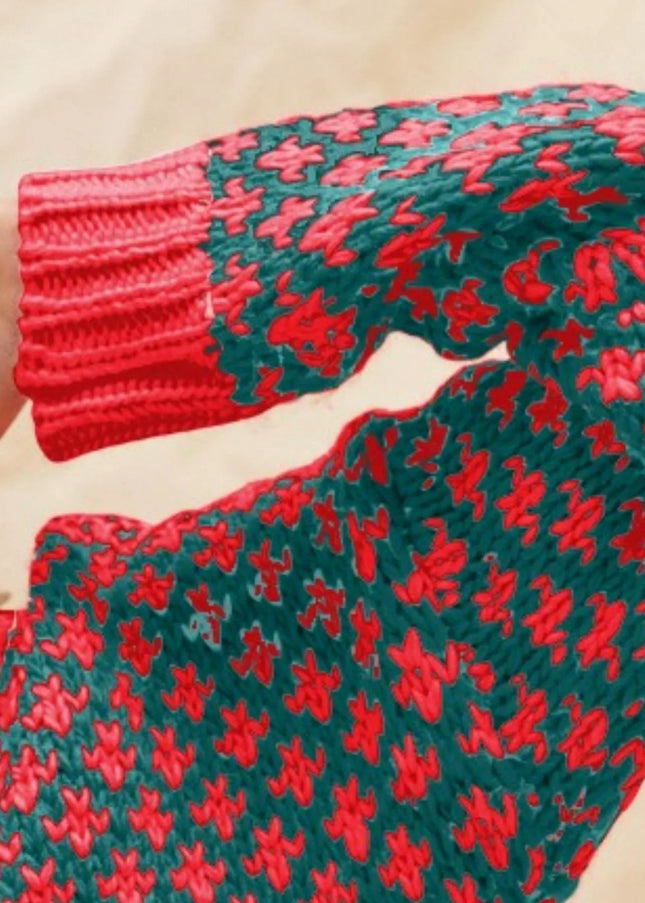 SO ME Color Block Textured Christmas Sweater V Neck Top - Sleekdenim.com