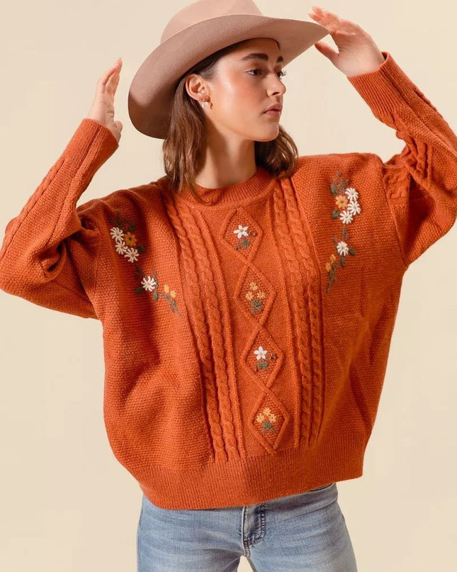 SO ME Embroidered Flower Cable Knitted Sweater - Sleekdenim.com