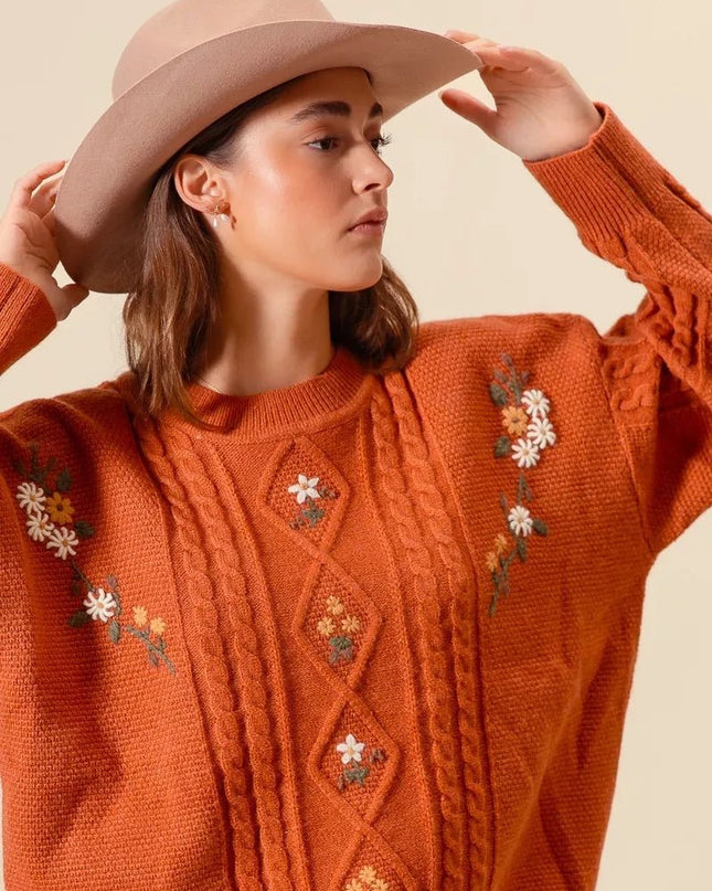 SO ME Embroidered Flower Cable Knitted Sweater - Sleekdenim.com