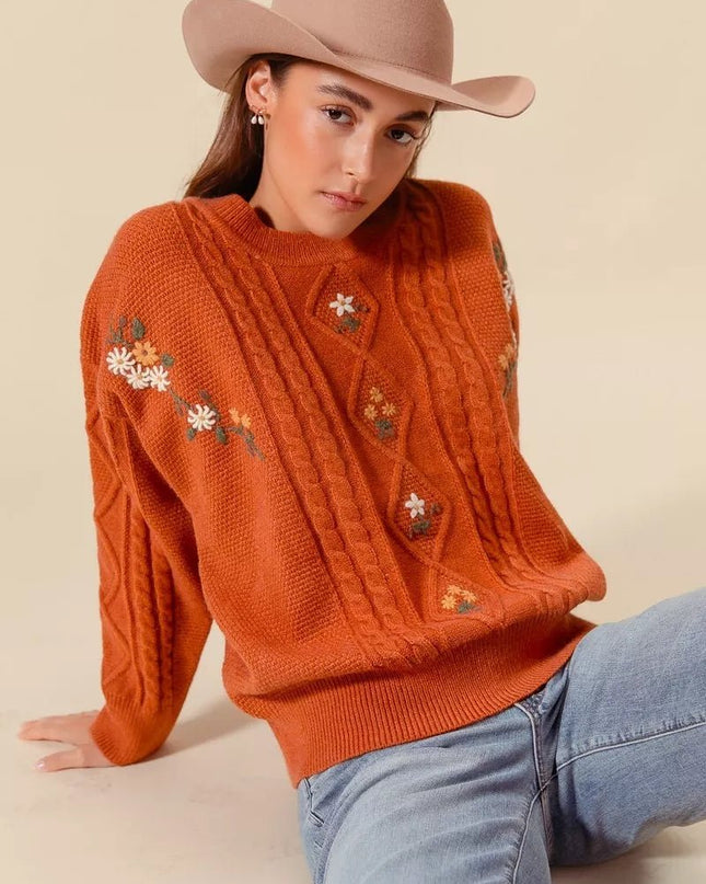 SO ME Embroidered Flower Cable Knitted Sweater - Sleekdenim.com