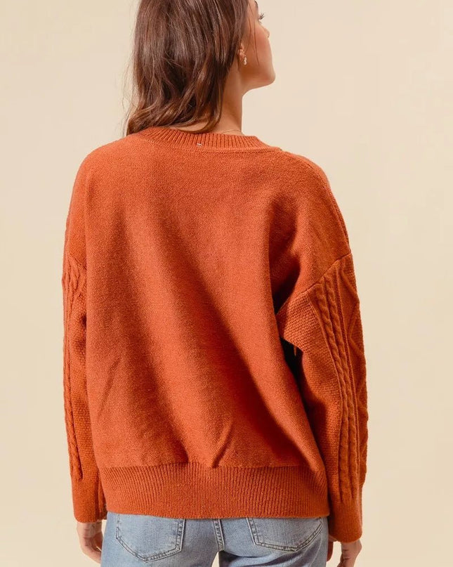 SO ME Embroidered Flower Cable Knitted Sweater - Sleekdenim.com