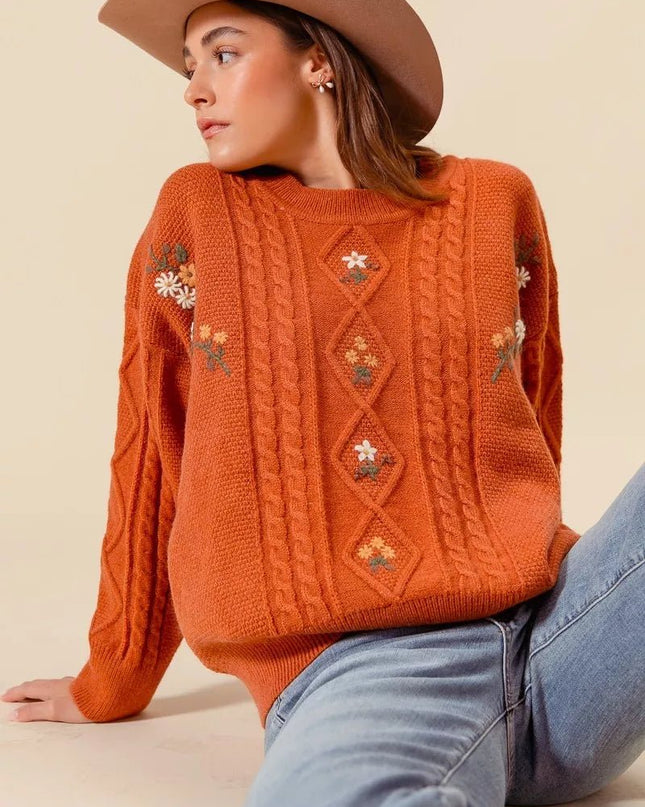 SO ME Embroidered Flower Cable Knitted Sweater - Sleekdenim.com