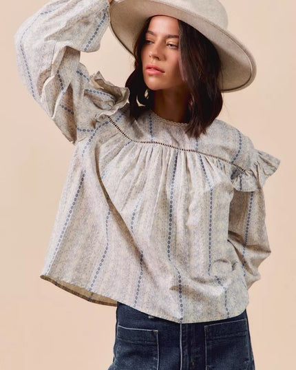 SO ME Floral Cotton Print Ruffled Long Sleeve Blouse - Sleekdenim.com