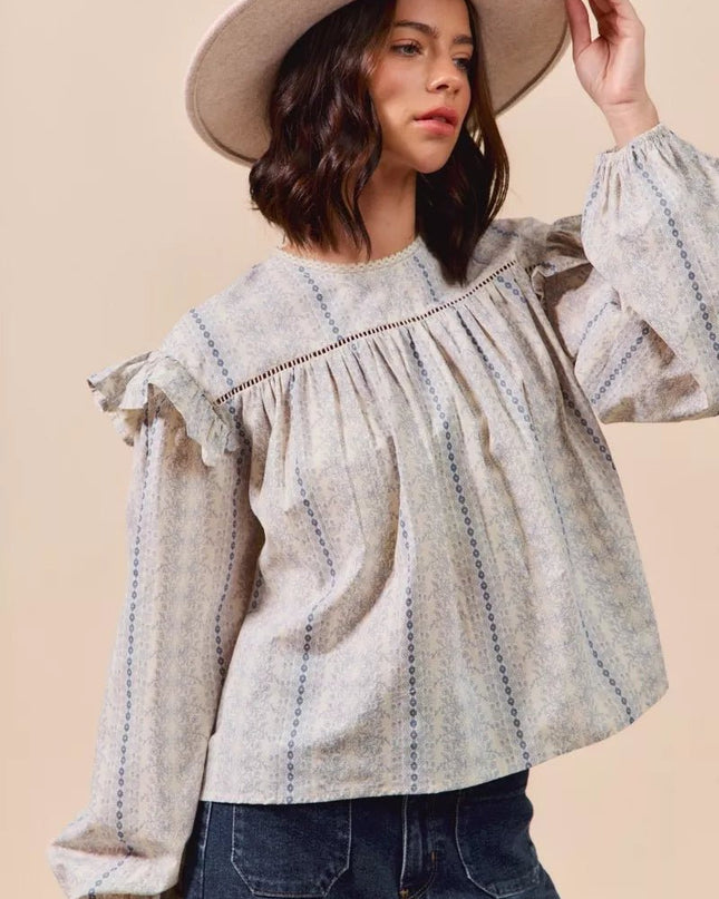 SO ME Floral Cotton Print Ruffled Long Sleeve Blouse - Sleekdenim.com