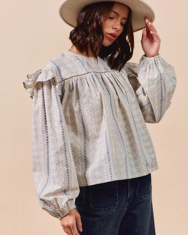 SO ME Floral Cotton Print Ruffled Long Sleeve Blouse - Sleekdenim.com