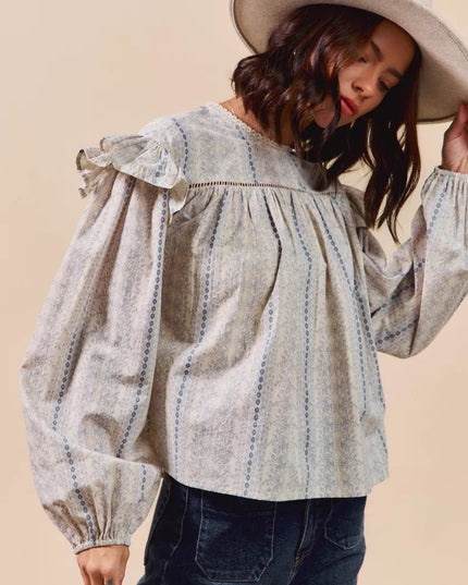SO ME Floral Cotton Print Ruffled Long Sleeve Blouse - Sleekdenim.com