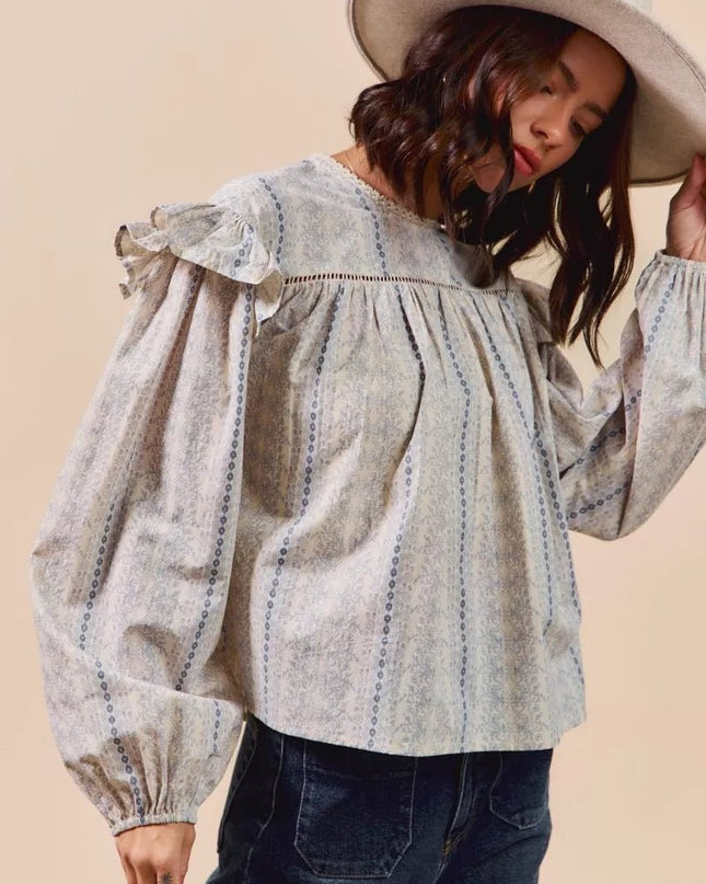 SO ME Floral Cotton Print Ruffled Long Sleeve Blouse - Sleekdenim.com
