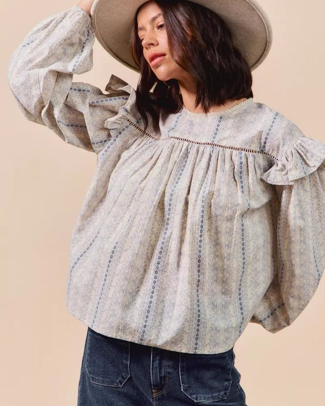 SO ME Floral Cotton Print Ruffled Long Sleeve Blouse - Sleekdenim.com