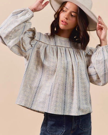 SO ME Floral Cotton Print Ruffled Long Sleeve Blouse - Sleekdenim.com