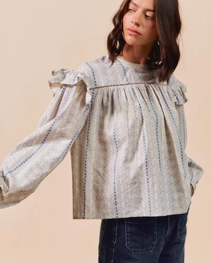 SO ME Floral Cotton Print Ruffled Long Sleeve Blouse - Sleekdenim.com