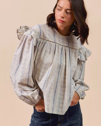 SO ME Floral Cotton Print Ruffled Long Sleeve Blouse - Sleekdenim.com