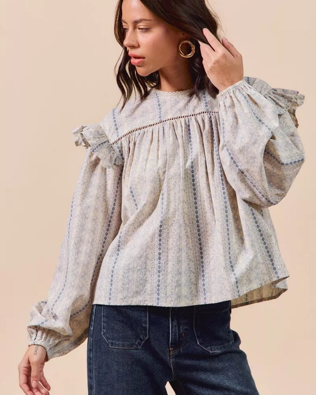 SO ME Floral Cotton Print Ruffled Long Sleeve Blouse - Sleekdenim.com