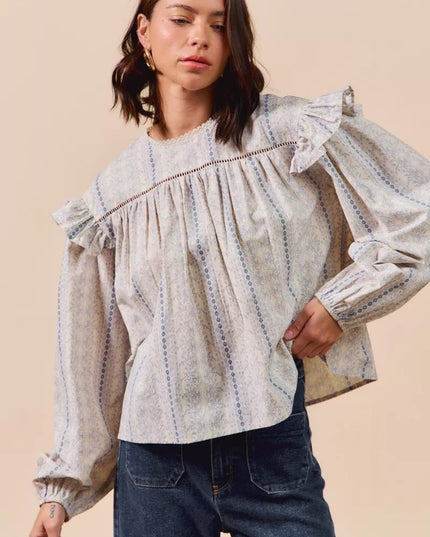 SO ME Floral Cotton Print Ruffled Long Sleeve Blouse - Sleekdenim.com