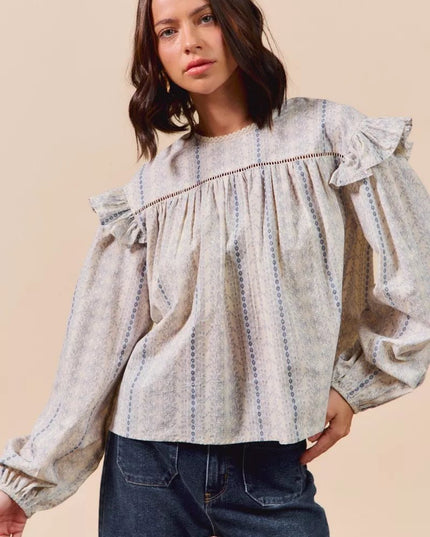 SO ME Floral Cotton Print Ruffled Long Sleeve Blouse - Sleekdenim.com