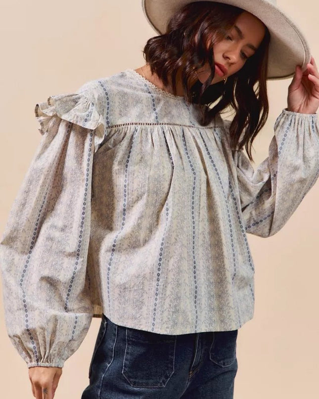 SO ME Floral Cotton Print Ruffled Long Sleeve Blouse - Sleekdenim.com