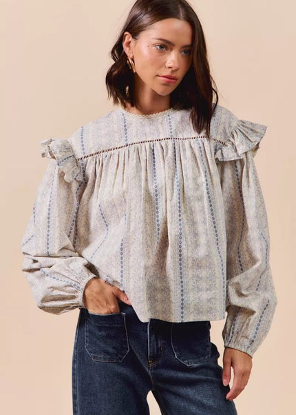 SO ME Floral Cotton Print Ruffled Long Sleeve Blouse - Sleekdenim.com