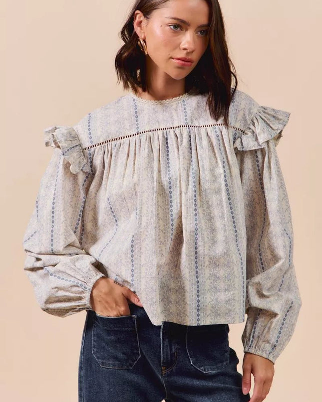 SO ME Floral Cotton Print Ruffled Long Sleeve Blouse - Sleekdenim.com