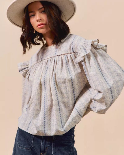 SO ME Floral Cotton Print Ruffled Long Sleeve Blouse - Sleekdenim.com