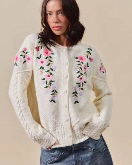 SO ME Floral Embroidered Coquette Sweater Cardigan - Sleekdenim.com