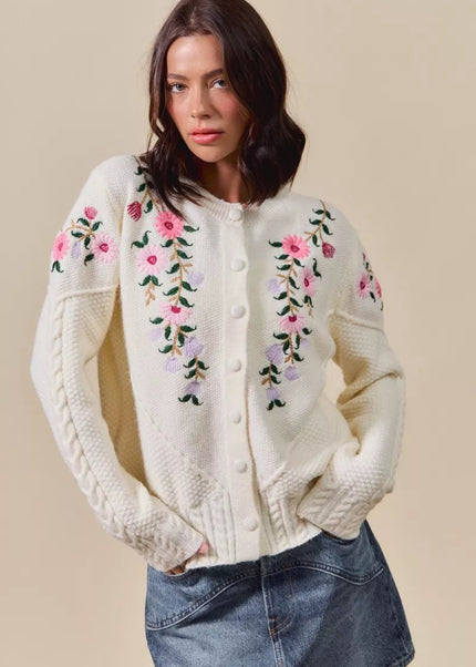 SO ME Floral Embroidered Coquette Sweater Cardigan - Sleekdenim.com
