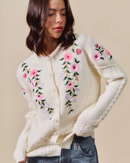 SO ME Floral Embroidered Coquette Sweater Cardigan - Sleekdenim.com
